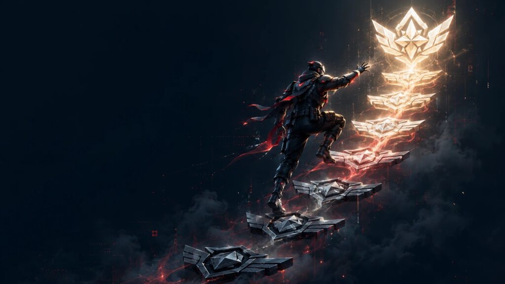 Valorant ranks guide cover: a player climbing the ranked ladder from Iron to Radiant.