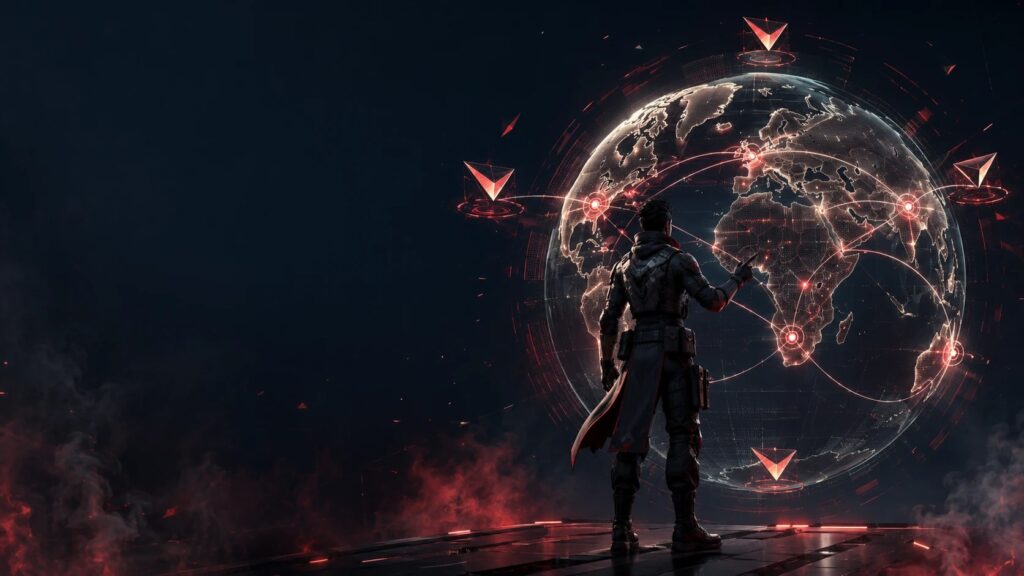 Valorant account regions guide cover: an operative before a global server map.