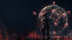 Valorant account regions guide cover: an operative before a global server map.